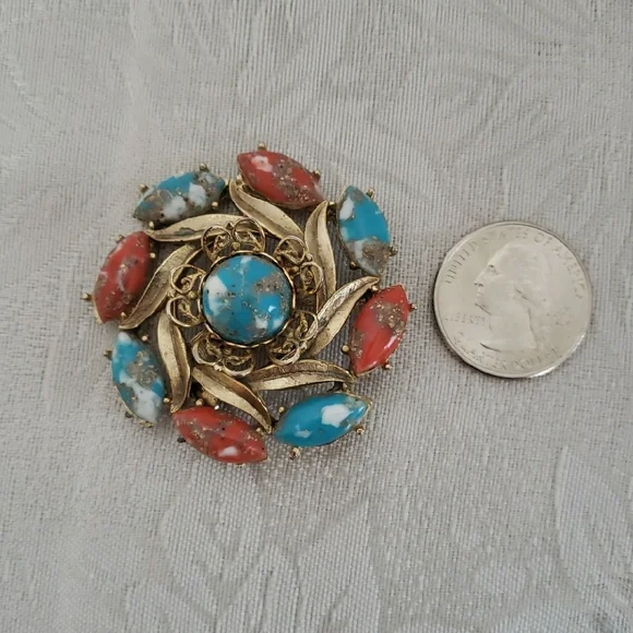 Vintage Gold colored  Floral Brooch with Turquoise and Coral Accents - Picture 2 of 4
